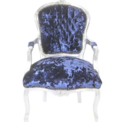 Casa Padrino Barock Salon Stuhl Royalblau Velour Stoff / Silber - Antik Design Möbel