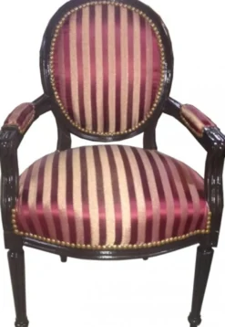 Casa Padrino Barock Salon Stuhl in Bordeauxrot Violett gestreift mit braunem Massivholzrahmen, 100 x 64 x 65 cm