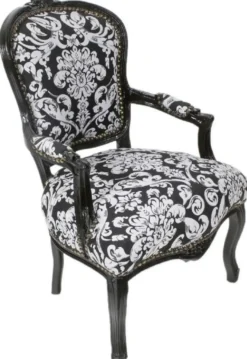 Casa Padrino Barock Salon Stuhl mit Armlehnen und elegantem Muster Schwarz / Weiß 60 x 60 x H. 95 cm - Handgefertigter Antik Stil Stuhl - Möbel im Barockstil