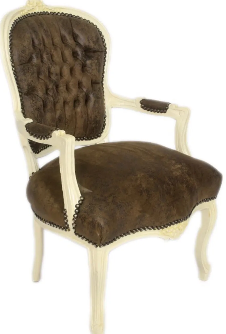 Casa Padrino Barock Salon Stuhl Set Braun / Creme 60 x 50 x H. 93 cm - 4 handgefertigte Salon Stühle mit Lederoptik - Barockmöbel