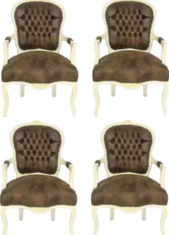 Casa Padrino Barock Salon Stuhl Set Braun / Creme 60 x 50 x H. 93 cm - 4 handgefertigte Salon Stühle mit Lederoptik - Barockmöbel