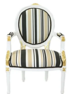Casa Padrino Barock Salon Stuhl Weiß / Gold / Mehrfarbig 50 x 50 x H. 105 cm - Gestreifter Barock Stuhl mit Armlehnen - Barock Möbel