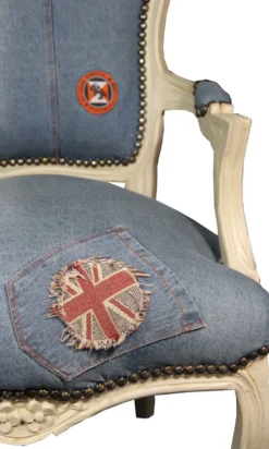 Casa Padrino Barock Salon Stuhl Jeans Optik / Creme Mod2 - Limited Edition