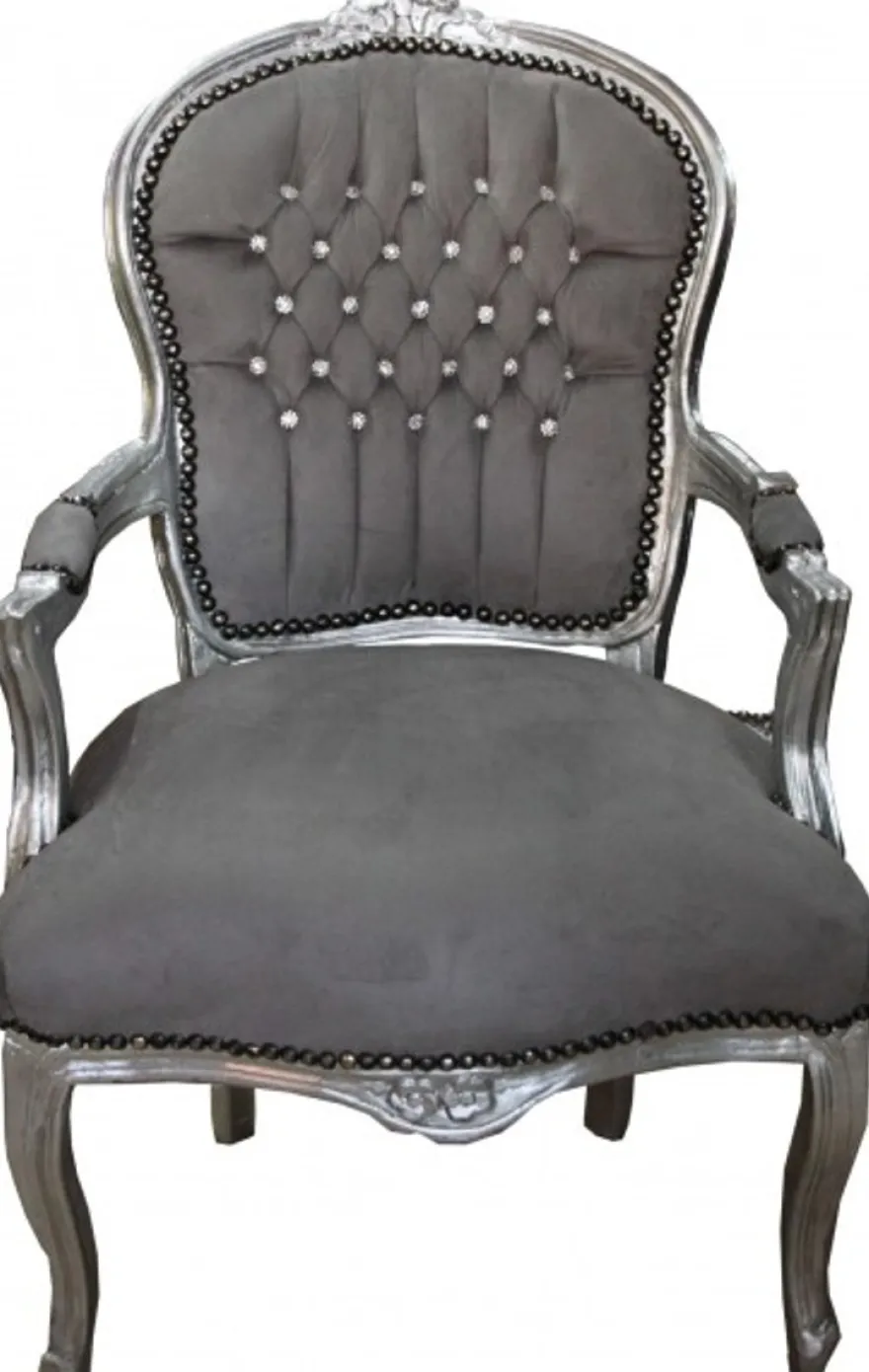 Casa Padrino Barock Salon Stuhl Grau / Silber mit Bling Bling Glitzersteinen - Möbel Antik Stil