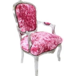 Casa Padrino Barock Salon Stuhl Pink Velour Stoff / Silber - Antik Design Möbel