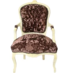 Casa Padrino Barock Salon Stuhl Braun Velour Stoff / Creme - Antik Design Möbel