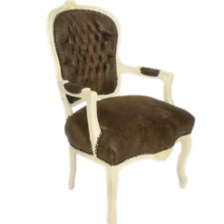 Casa Padrino Barock Salon Stuhl Braun Lederoptik / Creme - Möbel Antik Stil