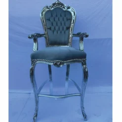 Casa Padrino Barock Samt Barstuhl mit Armlehnen Grau / Silber - Barock Bar Möbel