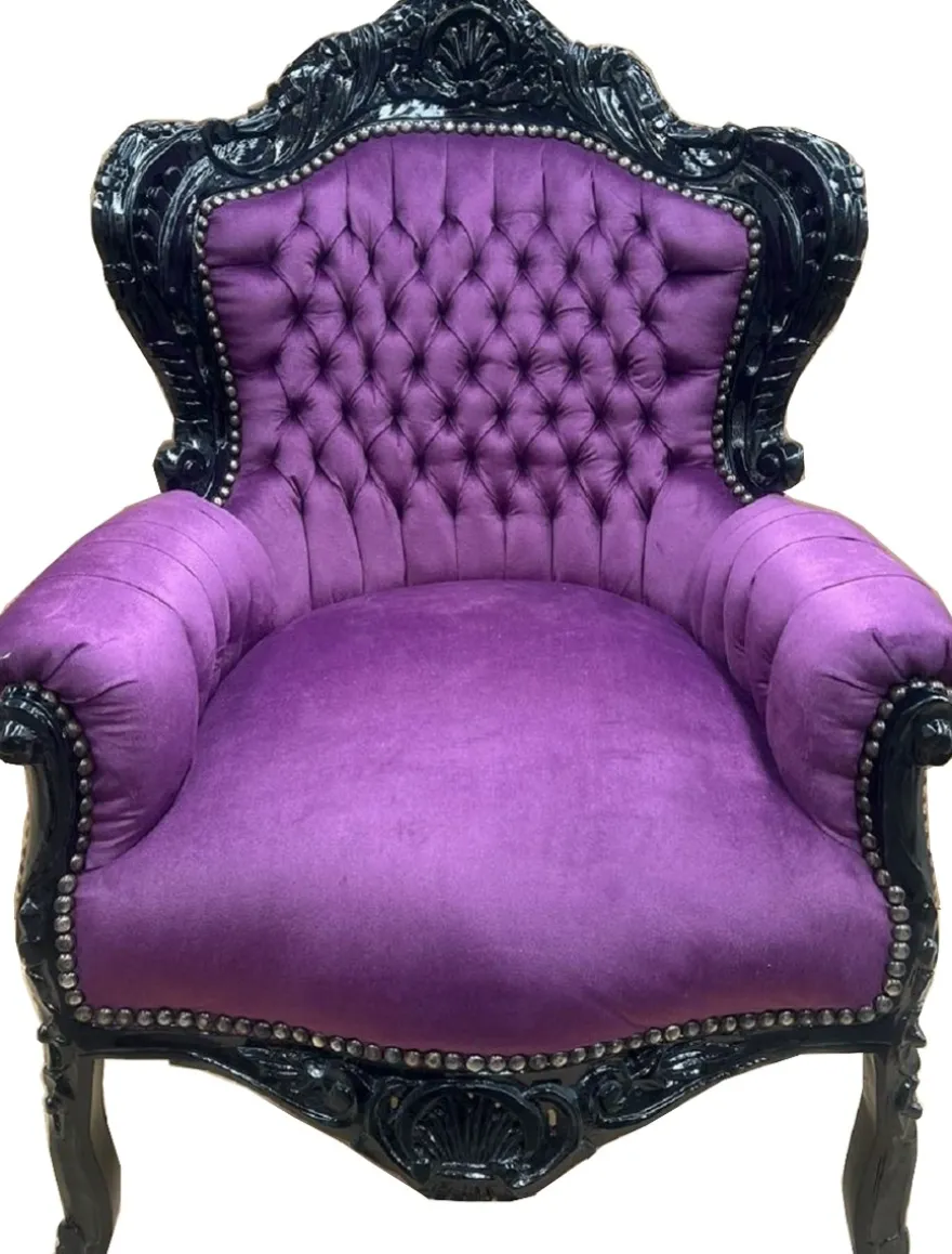 Casa Padrino Barock Samt Sessel Lila / Schwarz - Handgefertigter Massivholz Wohnzimmer Sessel - Antik Stil Wohnzimmer Sessel - Wohnzimmer Möbel im Barockstil - Barock Möbel