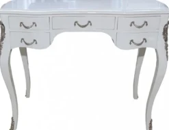 Casa Padrino Barock Schreibtisch in Weiß Hochglanz und Silber - Luxuriöser Sekretär mit 5 Schubladen - 100 x 80 x 58 cm