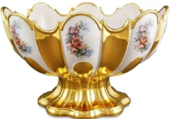 Casa Padrino Barock Schüssel mit Blumen Design Gold / Weiß / Mehrfarbig 52 x 42 x H. 32 cm - Prunkvolle handgefertigte & von Hand bemalte Keramik Schüssel veredelt mit 24 Karat Gold
