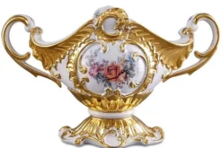 Casa Padrino Barock Schüssel Weiß / Gold / Mehrfarbig 46 x 22 x H. 29 cm - Handbemalte Keramik Schüssel mit Blumenmotiv