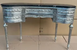 Casa Padrino Barock Sekretär mit Marmorplatte und 5 Schubladen Silber / Schwarz - Handgefertigter Massivholz Schreibtisch im Barockstil - Barock Büro Möbel