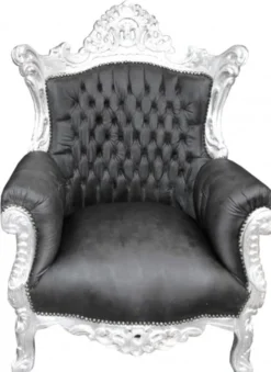 Casa Padrino Barock Sessel Al Capone im Antik Stil, Schwarz Lederoptik und Silber, Höhe 128 cm