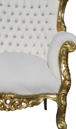Casa Padrino Barock Sessel Al Capone im Antik Stil Weiß / Gold mit Glitzersteinen 128 x 90 x 80 cm