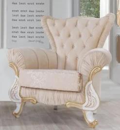 Casa Padrino Barock Sessel Beige / Weiß / Gold 97 x 85 x H. 105 cm - Edler Wohnzimmer Sessel mit Glitzersteinen - Wohnzimmer Möbel im Barockstil