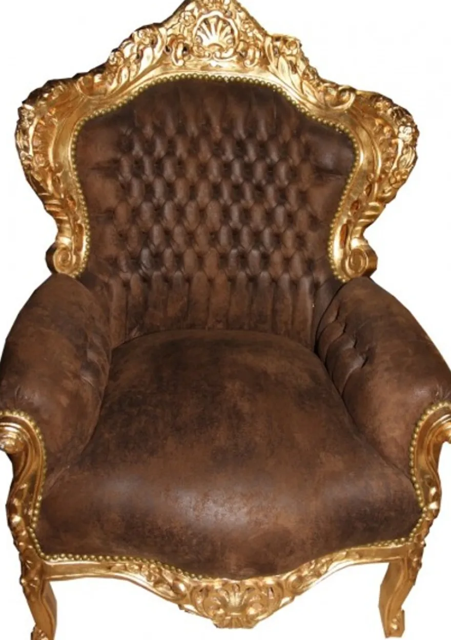 Casa Padrino Barock Sessel im Antik Stil, Braun Lederoptik mit Goldgestell, 120 x 85 x 85 cm