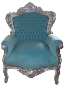 Casa Padrino Barock Sessel King Blau / Silber - Luxuriöser Antik Stil Sessel aus Massivholz, 120 x 85 x 85 cm