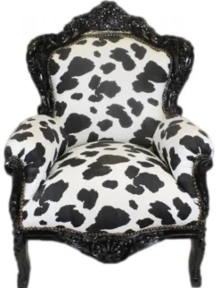 Casa Padrino Barock Sessel King im Kuhmuster Schwarz Weiss mit schwarzem Holzgestell 85 x 85 x 120 cm