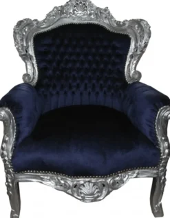 Casa Padrino Barock Sessel King im Antik Stil, Bezug Royalblau aus Samt, Holzgestell in Silber, 120 x 85 x 85 cm