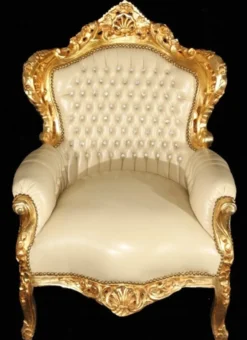 Casa Padrino Barock Sessel King im Antik Stil, Creme Lederoptik und Gold mit Bling Bling Glitzersteinen, 120 x 85 x 85 cm