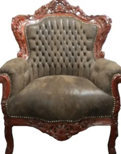 Casa Padrino Barock Sessel King im Antik Stil aus Massivholz in Braun Lederoptik 85 x 85 x H. 120 cm