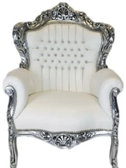 Casa Padrino Barock Sessel King Weiß Lederoptik / Silber mit Glitzersteinen - 85 x 85 x 120 cm