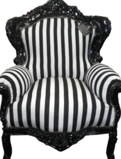 Casa Padrino Barock Sessel King im Antik Stil, Schwarz / Weiß gestreifter Bezug und schwarzer Rahmen, 120 x 85 x 85 cm