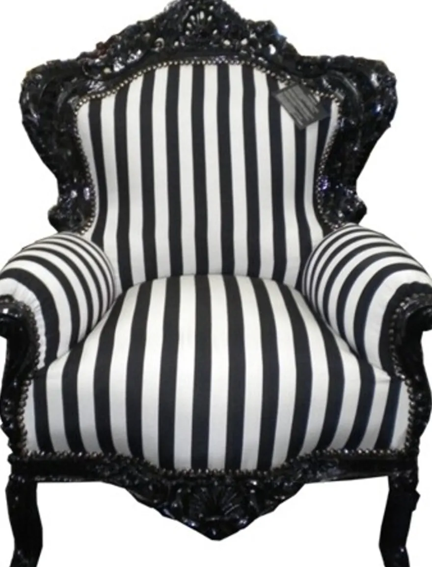 Casa Padrino Barock Sessel King im Antik Stil, Schwarz / Weiß gestreifter Bezug und schwarzer Rahmen, 120 x 85 x 85 cm