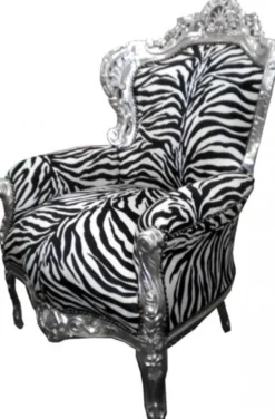 Casa Padrino Barock Sessel King Zebra / Silber - Handgefertigter Sessel aus Massivholz, 120 x 85 x 85 cm