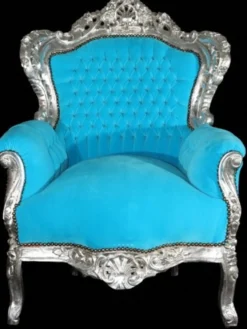 Casa Padrino Barock Sessel King im Antik Stil, Samtstoff Türkis und Holzgestell Silber, 120 x 85 x 85 cm