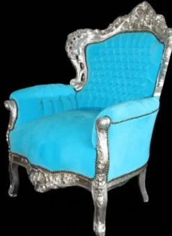 Casa Padrino Barock Sessel King im Antik Stil, Samtstoff Türkis und Holzgestell Silber, 120 x 85 x 85 cm