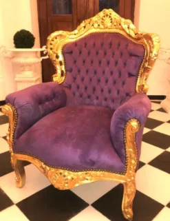 Casa Padrino Barock Sessel King lila / gold, Breite 85 cm, Tiefe 85 cm, Höhe 120 cm, Sitzhöhe 45 cm