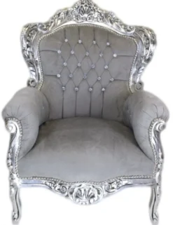 Casa Padrino Barock Sessel King im Antik Stil, Samtstoff Grau und Silber mit Bling Bling Glitzersteinen, 120 x 85 x 85 cm