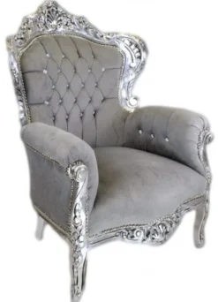 Casa Padrino Barock Sessel King im Antik Stil, Samtstoff Grau und Silber mit Bling Bling Glitzersteinen, 120 x 85 x 85 cm