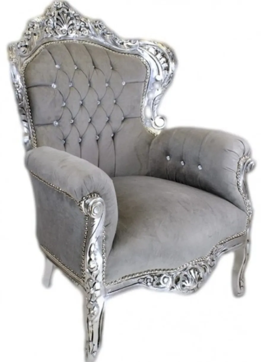 Casa Padrino Barock Sessel King im Antik Stil, Samtstoff Grau und Silber mit Bling Bling Glitzersteinen, 120 x 85 x 85 cm