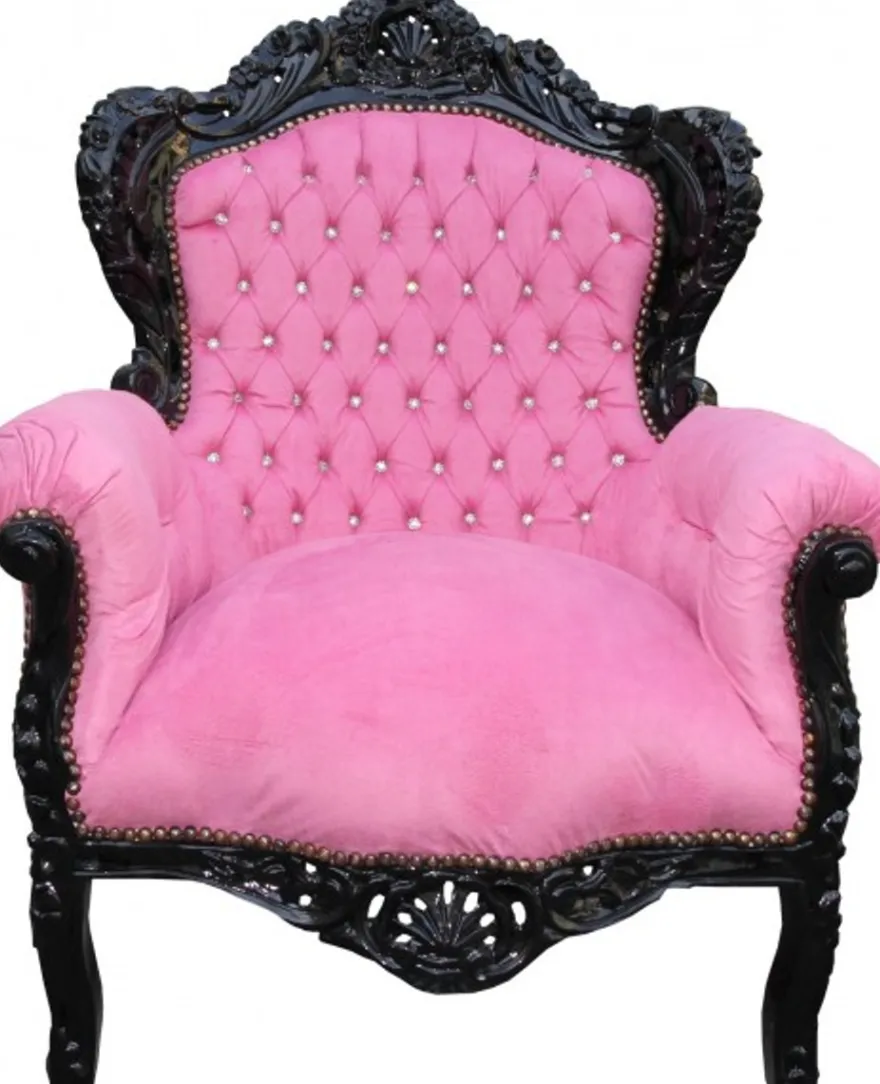 Casa Padrino Barock Sessel King in Rosa und Schwarz mit Glitzersteinen, 120 x 85 x 85 cm - Luxuriöses Unikat