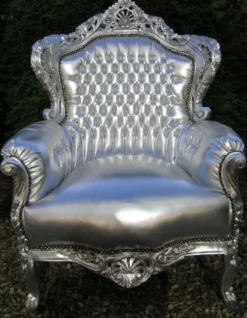 Casa Padrino Barock Sessel King im Antik Stil Silber / Silber Lederoptik - 120 x 85 x 85 cm