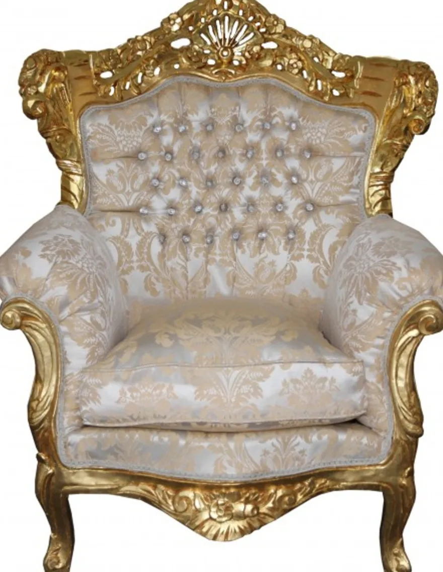 Casa Padrino Barock Sessel King Mod2 Creme Gold Muster mit Glitzersteinen 85 x 60 x H. 116 cm