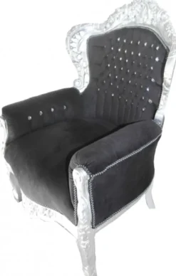 Casa Padrino Barock Sessel King im Antik Stil Schwarz / Silber mit Glitzersteinen 85 x 85 x H. 120 cm