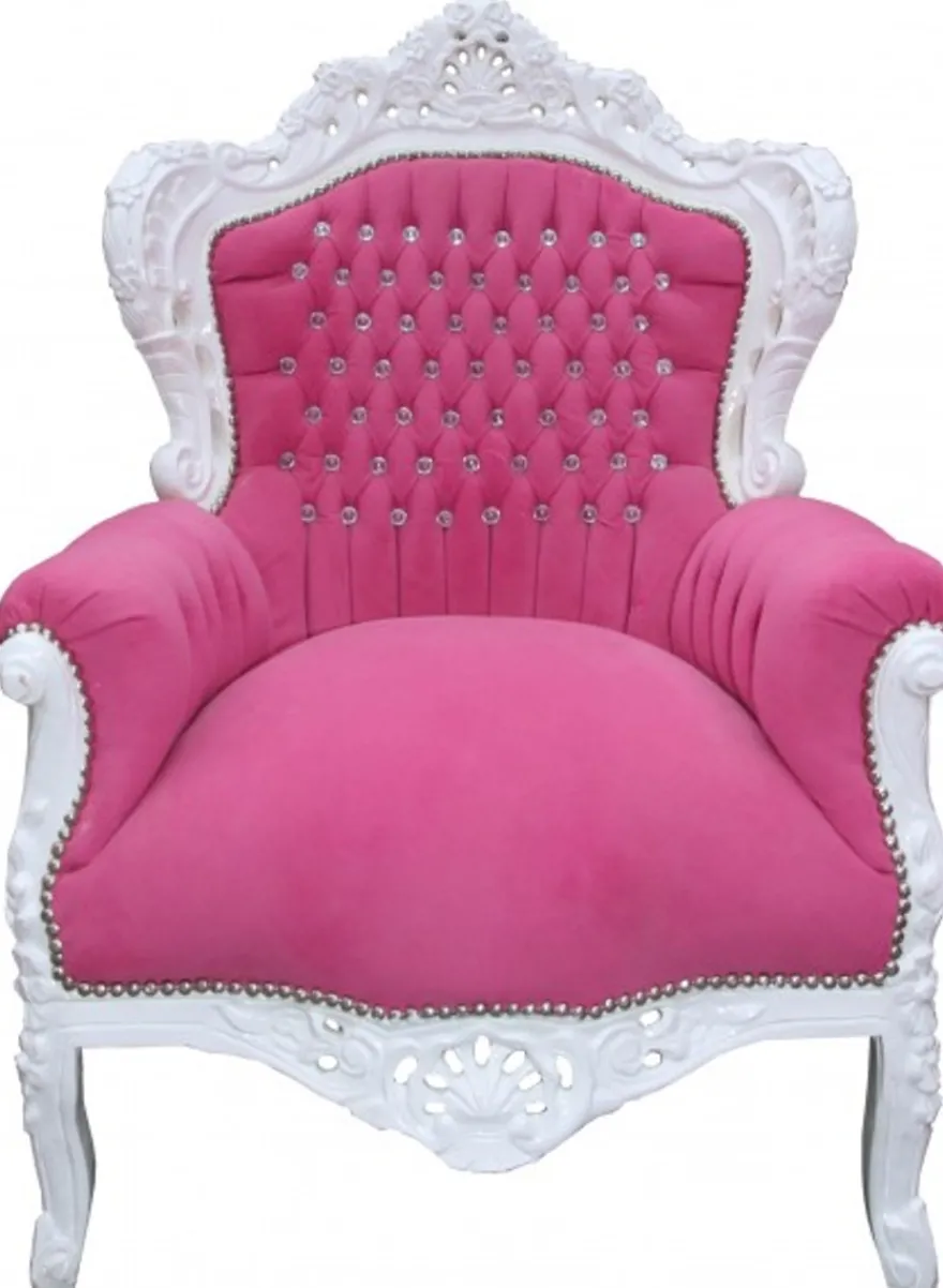 Casa Padrino Barock Sessel King Rosa/Weiß mit Glitzersteinen, 120 x 85 x 85 cm