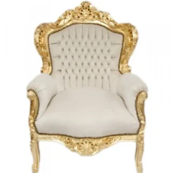Casa Padrino Barock Sessel King Creme / Gold aus Massivholz mit Samtstoff 85 x 85 x 120 cm