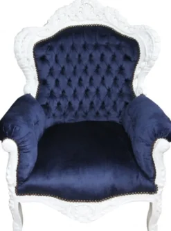 Casa Padrino Barock Sessel King Royalblau / Weiss, Breite 85 cm, Höhe 120 cm, Tiefe 85 cm, Massivholz, Samt