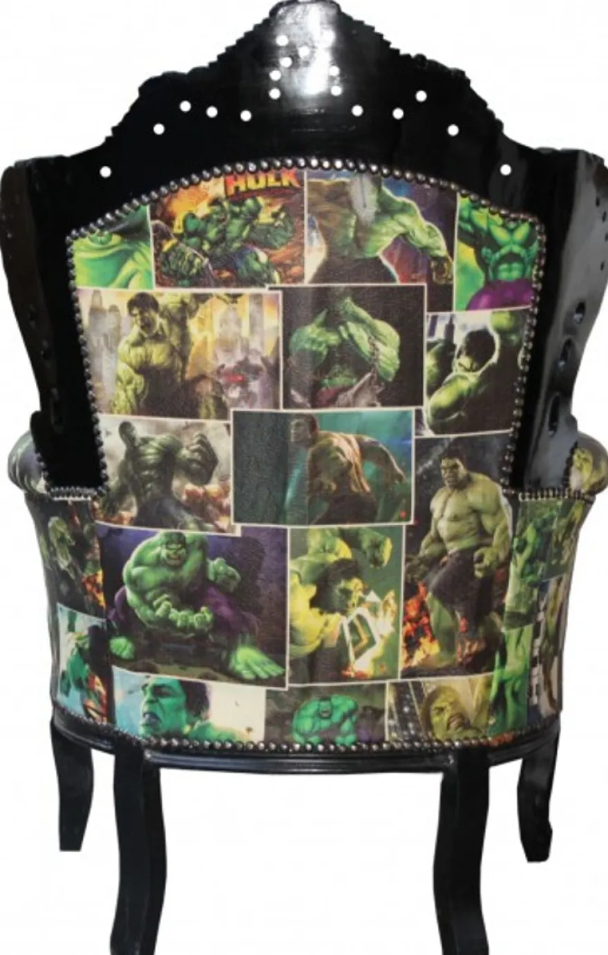 Casa Padrino Barock Sessel King Comic Design / Schwarz Lederoptik - Massivholz - 120 x 85 x 85 cm