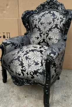 Casa Padrino Barock Sessel Silber Muster / Schwarz - Handgefertigter Massivholz Wohnzimmer Sessel - Antik Stil Wohnzimmer Sessel - Wohnzimmer Möbel im Barockstil - Barock Möbel