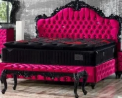Casa Padrino Barock Sitzbank Pink / Schwarz - Gepolsterte Massivholz Bank mit edlem Samtstoff - Handgefertigte Barock Möbel - Edel & Prunkvoll