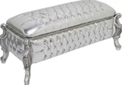 Casa Padrino Barock Sitzbank / Truhe Silber Lederoptik / Silber - Gepolsterte Massivholz Bank mit Glitzersteinen - Möbel im Barockstil