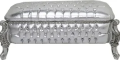 Casa Padrino Barock Sitzbank / Truhe Silber Lederoptik / Silber - Gepolsterte Massivholz Bank mit Glitzersteinen - Möbel im Barockstil