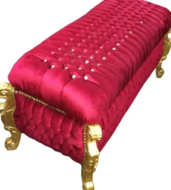 Casa Padrino Barock Sitzbank Truhe in Bordeaux und Gold mit Bling Bling Steinen, 120 x 55 x H. 58 cm