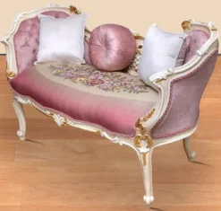 Casa Padrino Barock Sitzbank Rosa / Mehrfarbig / Weiß / Gold 150 x 55 x H. 80 cm - Prunkvolle Massivholz Bank mit edlem Blumenmuster - Barock Möbel